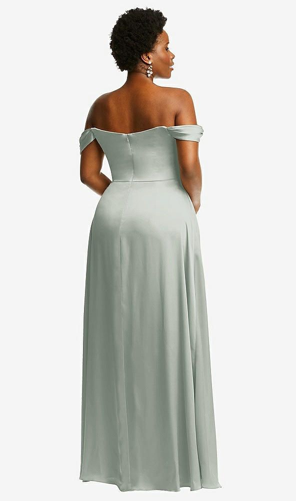 Back View - Willow Green Off-the-Shoulder Flounce Sleeve Empire Waist Gown with Front Slit