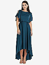 Front View Thumbnail - Atlantic Blue Blouson Bodice Deep V-Back High Low Dress with Flutter Sleeves
