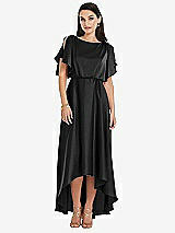 Front View Thumbnail - Black Blouson Bodice Deep V-Back High Low Dress with Flutter Sleeves