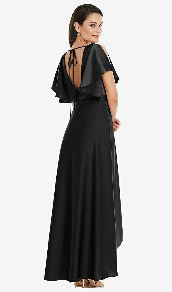 Back View - Black Blouson Bodice Deep V-Back High Low Dress with Flutter Sleeves