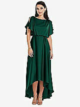 Front View Thumbnail - Hunter Green Blouson Bodice Deep V-Back High Low Dress with Flutter Sleeves