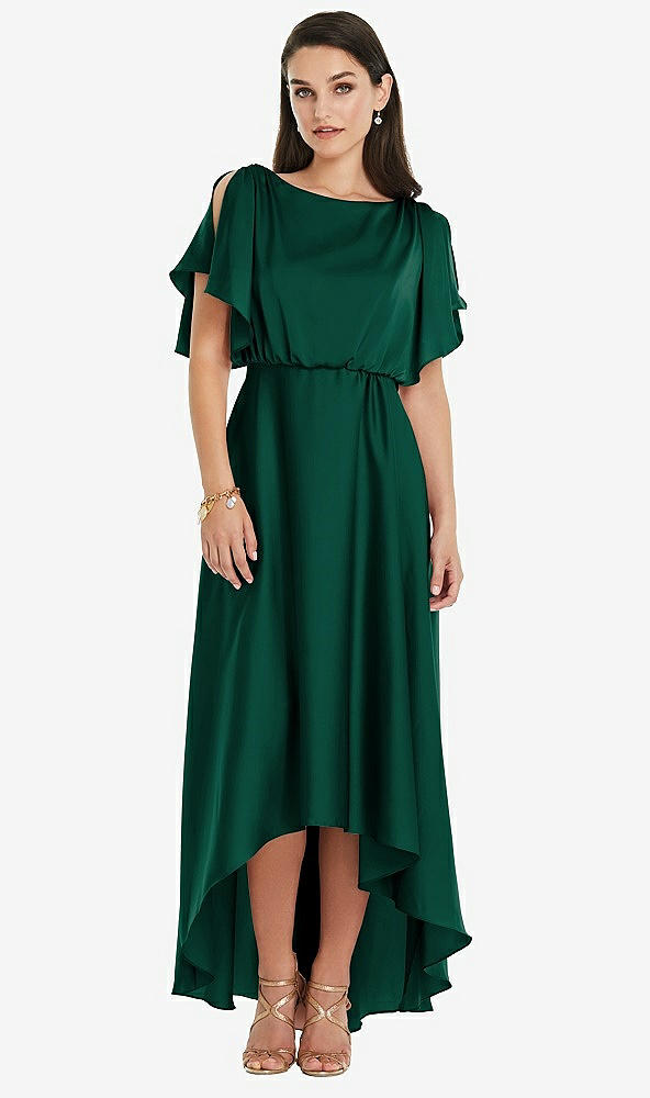Front View - Hunter Green Blouson Bodice Deep V-Back High Low Dress with Flutter Sleeves