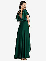 Rear View Thumbnail - Hunter Green Blouson Bodice Deep V-Back High Low Dress with Flutter Sleeves