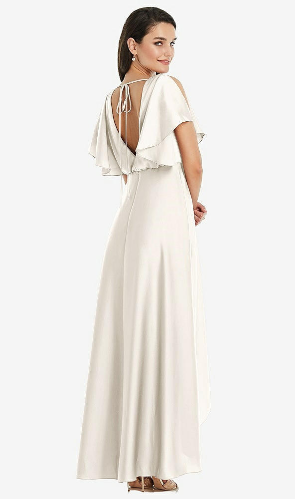 Back View - Ivory Blouson Bodice Deep V-Back High Low Dress with Flutter Sleeves