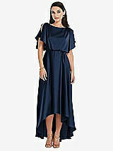 Front View Thumbnail - Midnight Navy Blouson Bodice Deep V-Back High Low Dress with Flutter Sleeves