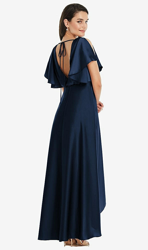 Back View - Midnight Navy Blouson Bodice Deep V-Back High Low Dress with Flutter Sleeves