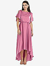 Front View Thumbnail - Orchid Pink Blouson Bodice Deep V-Back High Low Dress with Flutter Sleeves