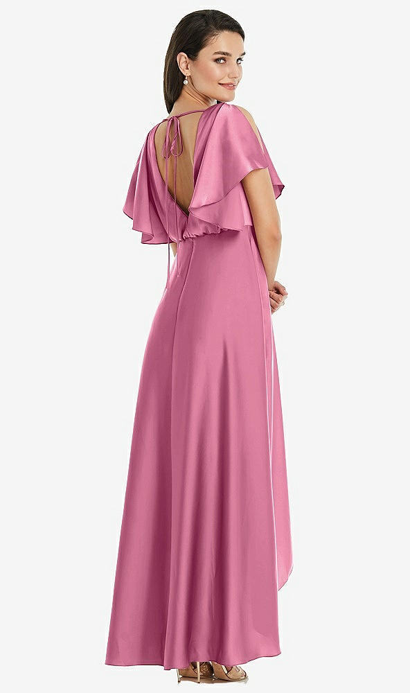 Back View - Orchid Pink Blouson Bodice Deep V-Back High Low Dress with Flutter Sleeves