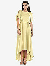Front View Thumbnail - Pale Yellow Blouson Bodice Deep V-Back High Low Dress with Flutter Sleeves