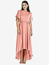 Front View Thumbnail - Rose - PANTONE Rose Quartz Blouson Bodice Deep V-Back High Low Dress with Flutter Sleeves