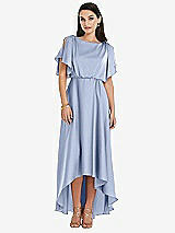 Front View Thumbnail - Sky Blue Blouson Bodice Deep V-Back High Low Dress with Flutter Sleeves