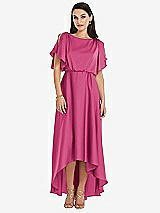 Front View Thumbnail - Tea Rose Blouson Bodice Deep V-Back High Low Dress with Flutter Sleeves