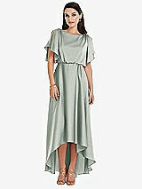 Front View Thumbnail - Willow Green Blouson Bodice Deep V-Back High Low Dress with Flutter Sleeves