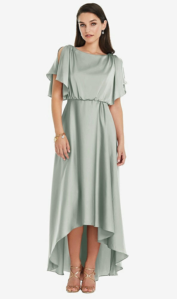 Front View - Willow Green Blouson Bodice Deep V-Back High Low Dress with Flutter Sleeves
