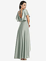 Rear View Thumbnail - Willow Green Blouson Bodice Deep V-Back High Low Dress with Flutter Sleeves