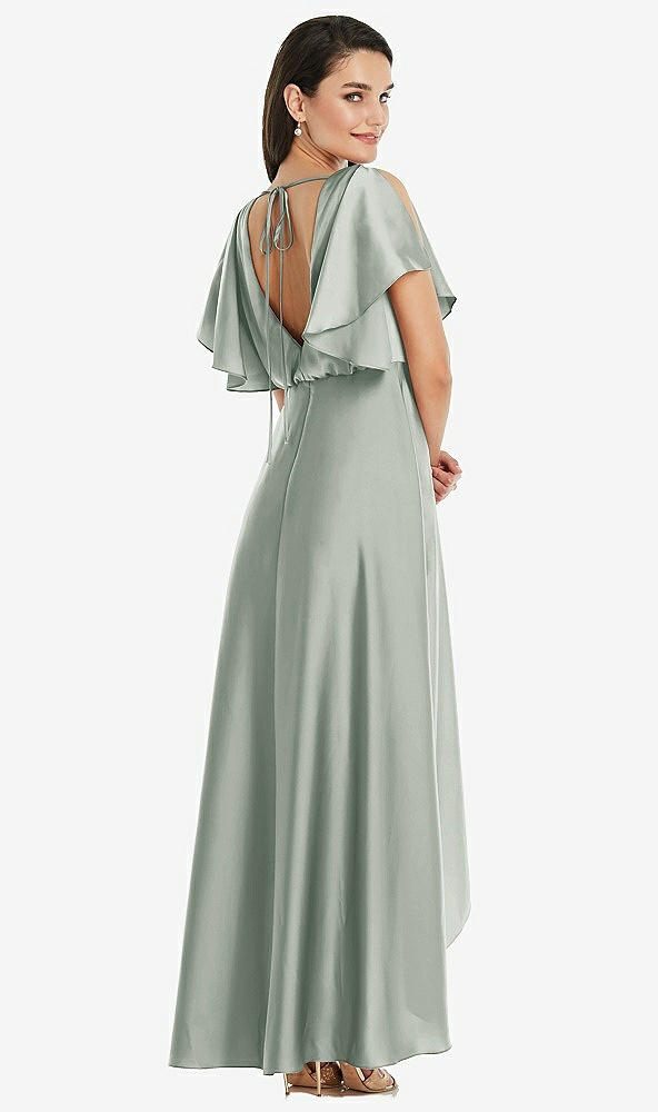 Back View - Willow Green Blouson Bodice Deep V-Back High Low Dress with Flutter Sleeves
