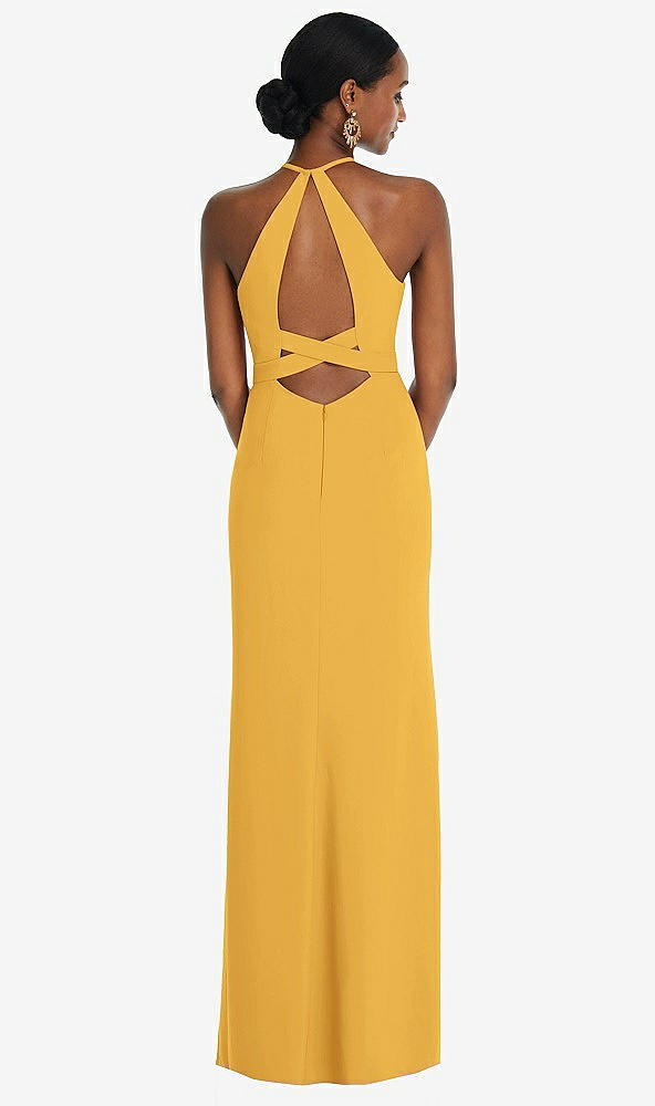 Front View - NYC Yellow Halter Criss Cross Cutout Back Maxi Dress