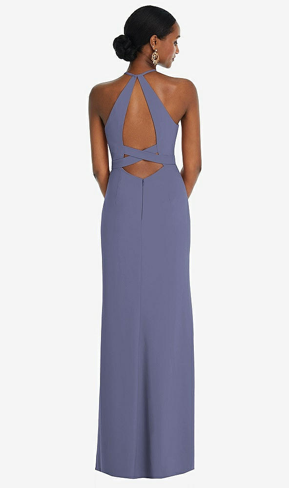 Front View - French Blue Halter Criss Cross Cutout Back Maxi Dress