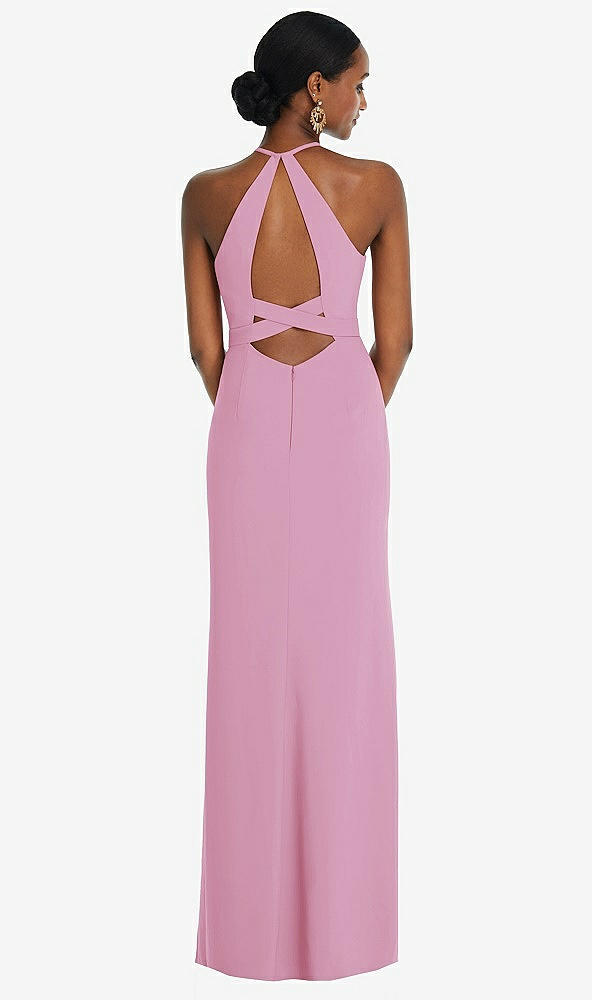 Front View - Powder Pink Halter Criss Cross Cutout Back Maxi Dress
