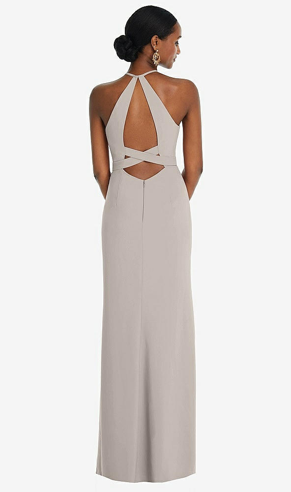 Front View - Taupe Halter Criss Cross Cutout Back Maxi Dress
