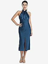 Front View Thumbnail - Dusk Blue Scarf Tie Stand Collar Midi Bias Dress with Front Slit