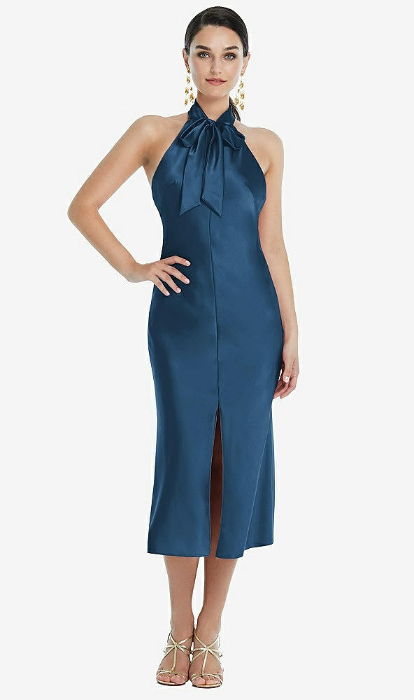 Front View - Dusk Blue Scarf Tie Stand Collar Midi Bias Dress with Front Slit