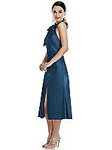 Side View Thumbnail - Dusk Blue Scarf Tie Stand Collar Midi Bias Dress with Front Slit
