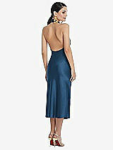 Rear View Thumbnail - Dusk Blue Scarf Tie Stand Collar Midi Bias Dress with Front Slit