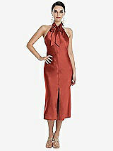 Front View Thumbnail - Amber Sunset Scarf Tie Stand Collar Midi Bias Dress with Front Slit