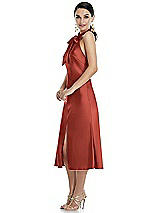Side View Thumbnail - Amber Sunset Scarf Tie Stand Collar Midi Bias Dress with Front Slit