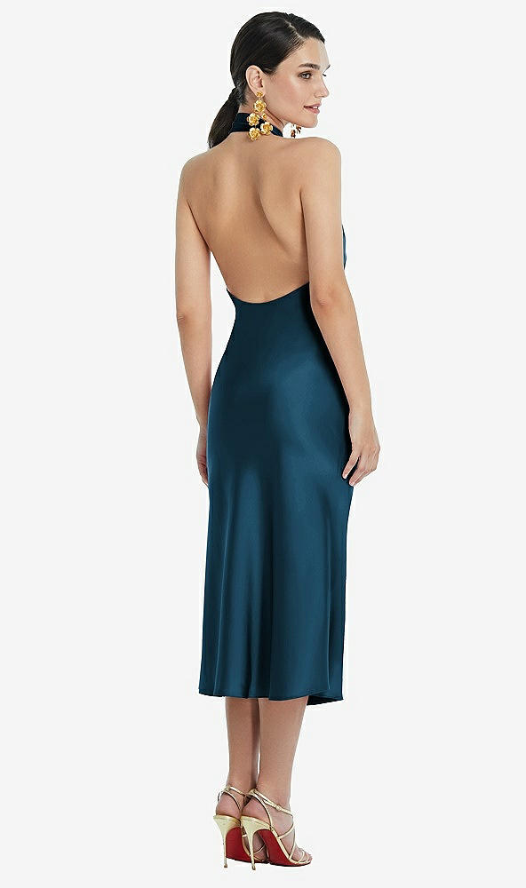 Back View - Atlantic Blue Scarf Tie Stand Collar Midi Bias Dress with Front Slit