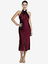 Front View Thumbnail - Cabernet Scarf Tie Stand Collar Midi Bias Dress with Front Slit