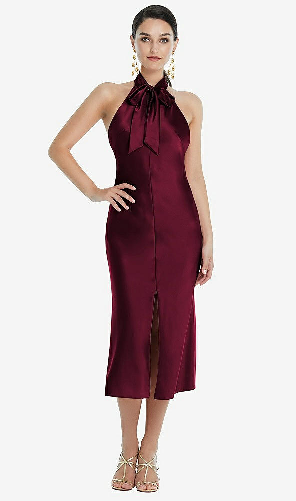 Front View - Cabernet Scarf Tie Stand Collar Midi Bias Dress with Front Slit