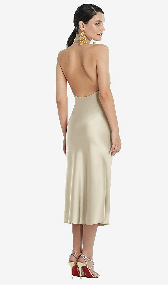 Back View - Champagne Scarf Tie Stand Collar Midi Bias Dress with Front Slit