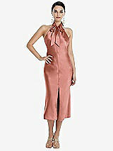 Front View Thumbnail - Desert Rose Scarf Tie Stand Collar Midi Bias Dress with Front Slit