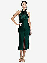 Front View Thumbnail - Evergreen Scarf Tie Stand Collar Midi Bias Dress with Front Slit