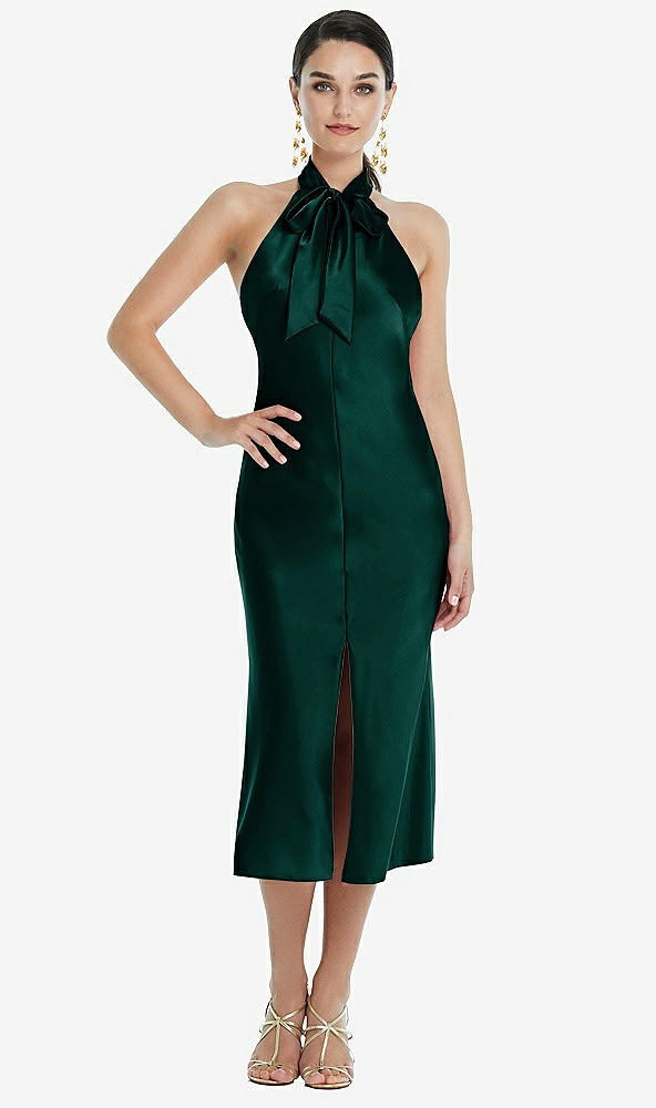 Front View - Evergreen Scarf Tie Stand Collar Midi Bias Dress with Front Slit