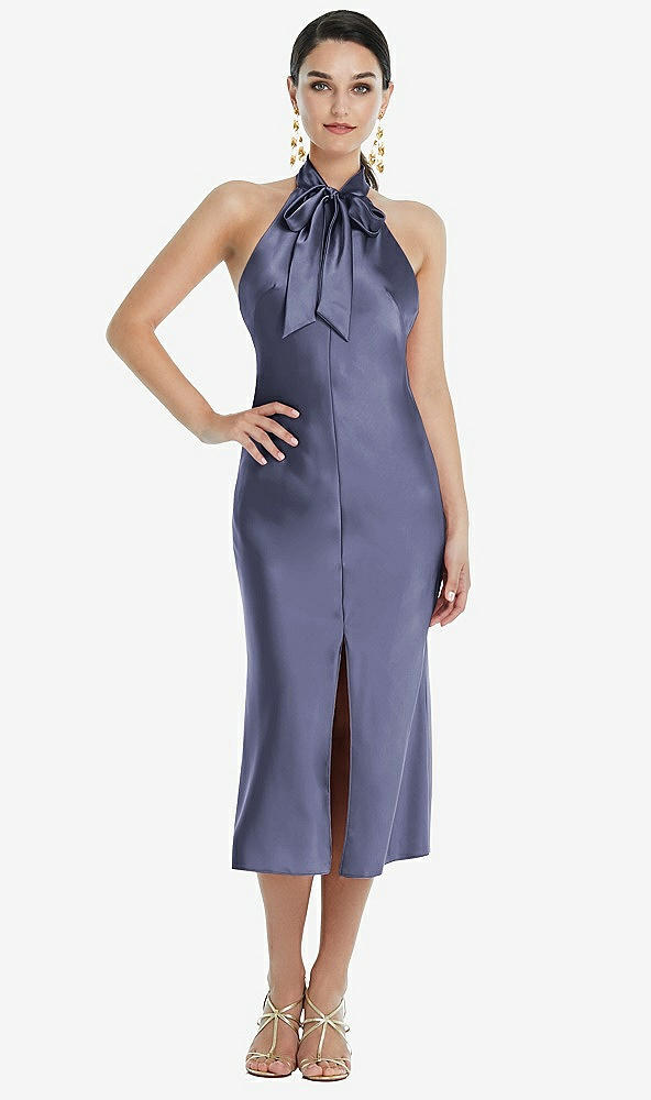 Front View - French Blue Scarf Tie Stand Collar Midi Bias Dress with Front Slit