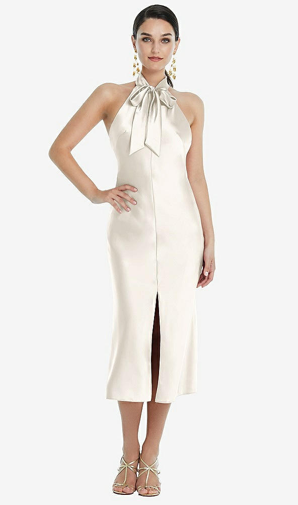Front View - Ivory Scarf Tie Stand Collar Midi Bias Dress with Front Slit