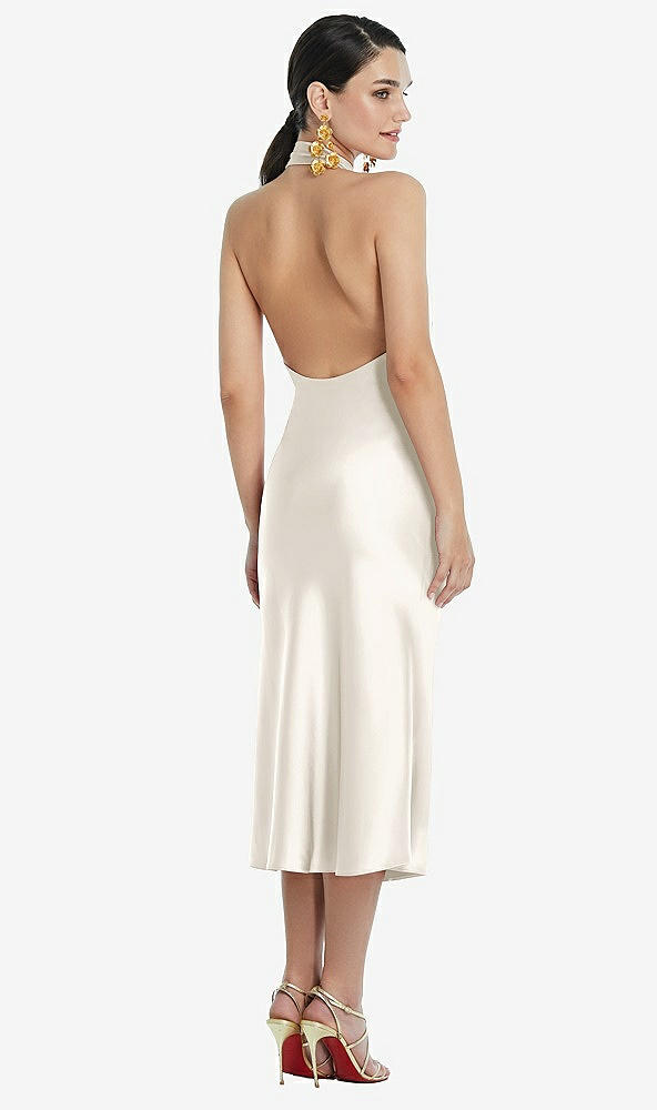 Back View - Ivory Scarf Tie Stand Collar Midi Bias Dress with Front Slit