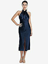 Front View Thumbnail - Midnight Navy Scarf Tie Stand Collar Midi Bias Dress with Front Slit