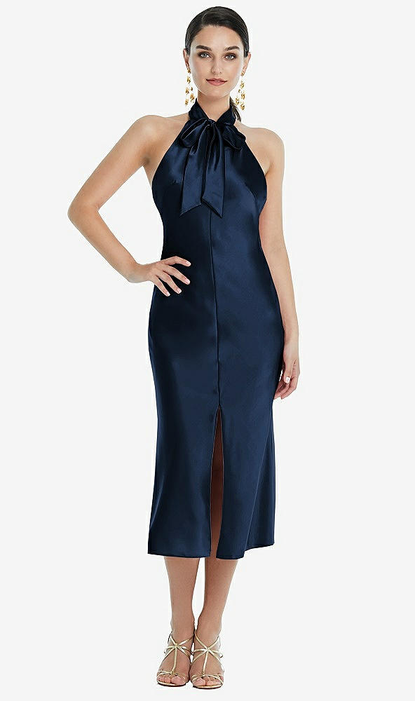 Front View - Midnight Navy Scarf Tie Stand Collar Midi Bias Dress with Front Slit