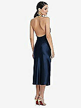 Rear View Thumbnail - Midnight Navy Scarf Tie Stand Collar Midi Bias Dress with Front Slit