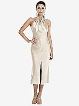 Front View Thumbnail - Oat Scarf Tie Stand Collar Midi Bias Dress with Front Slit