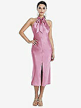 Front View Thumbnail - Powder Pink Scarf Tie Stand Collar Midi Bias Dress with Front Slit