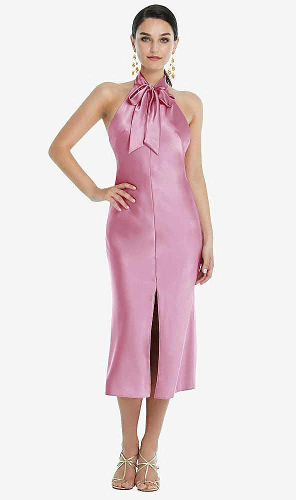 Front View - Powder Pink Scarf Tie Stand Collar Midi Bias Dress with Front Slit