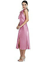 Side View Thumbnail - Powder Pink Scarf Tie Stand Collar Midi Bias Dress with Front Slit