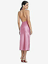 Rear View Thumbnail - Powder Pink Scarf Tie Stand Collar Midi Bias Dress with Front Slit