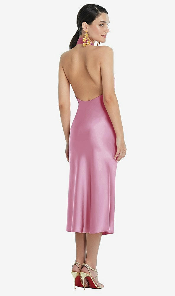Back View - Powder Pink Scarf Tie Stand Collar Midi Bias Dress with Front Slit