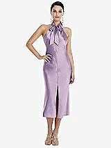 Front View Thumbnail - Pale Purple Scarf Tie Stand Collar Midi Bias Dress with Front Slit